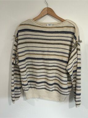 Closed Striped Knit Sweater in Ivory, Navy & Mustard